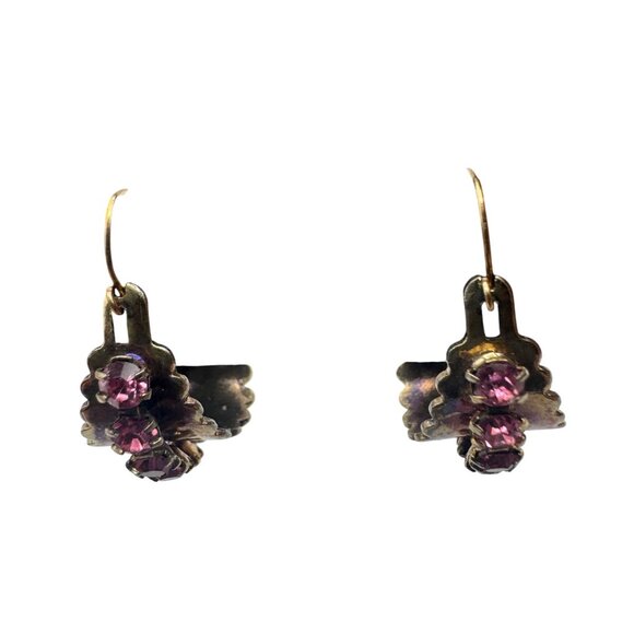 Antique Gold Tone Hoop Earrings Pink Crystal Accents Textured Metalwork Lightwei - Picture 3 of 4